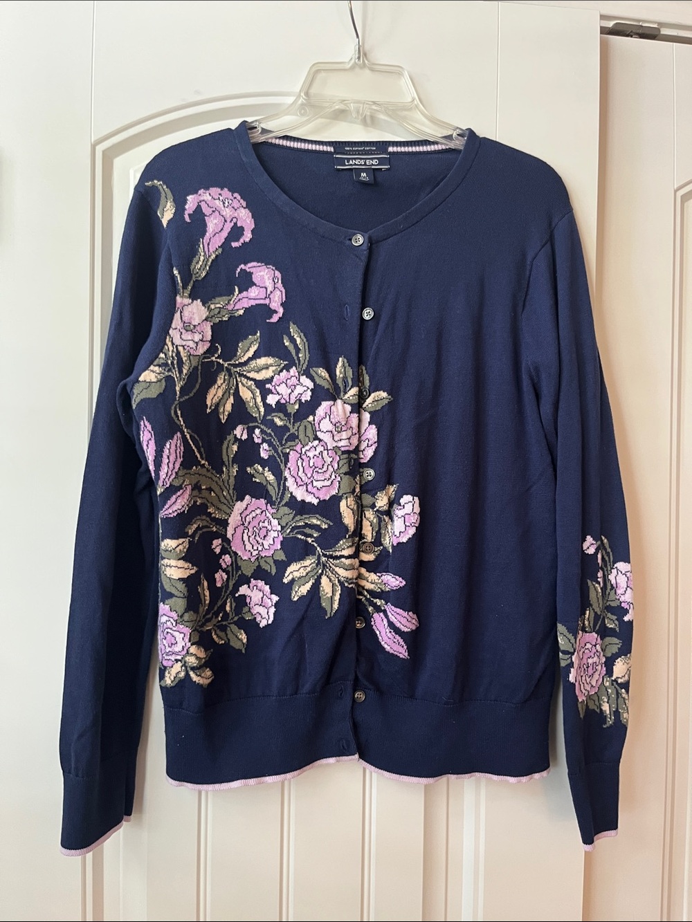 Lands' End Navy Cardigan with Pink Floral Embroidery